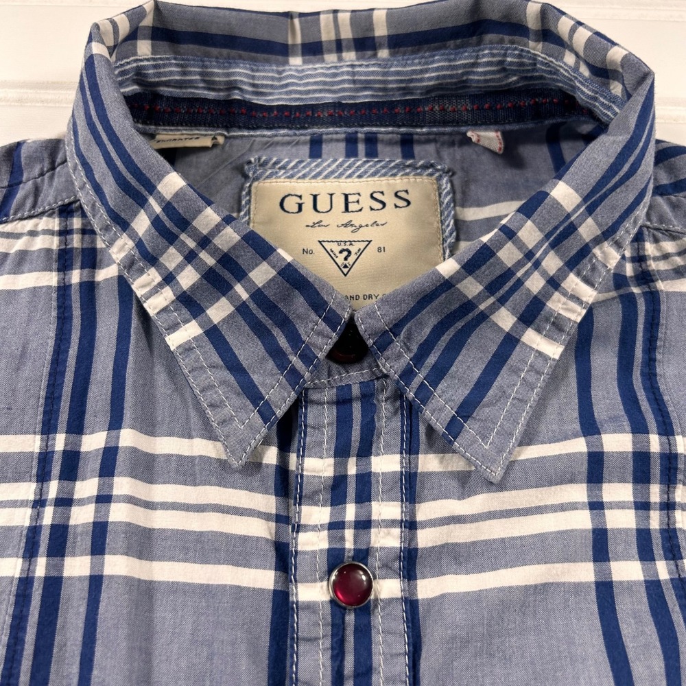 GUESS Los Angeles Plaid Western Pearl Snap Shirt Mens M Blue Division 1201/1203